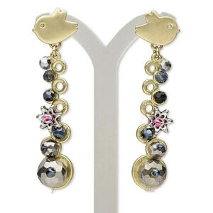 Gold Silver Gray Black Crystal Beads Metal Birds Dangle Post Earrings